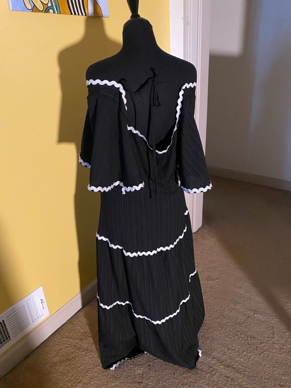 Off-Shoulder Black Maxi Dress with White Trim